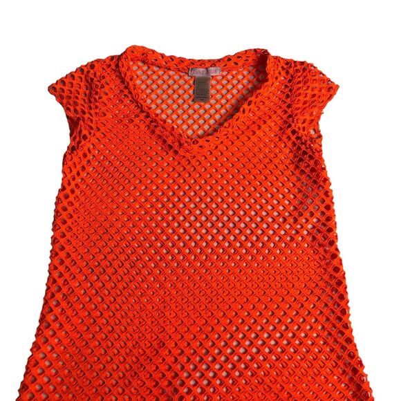 Emme Jordan Top Womens M Orange Mesh Fishnet Mini Dress Swim Cover Y2K Rave - Picture 2 of 8